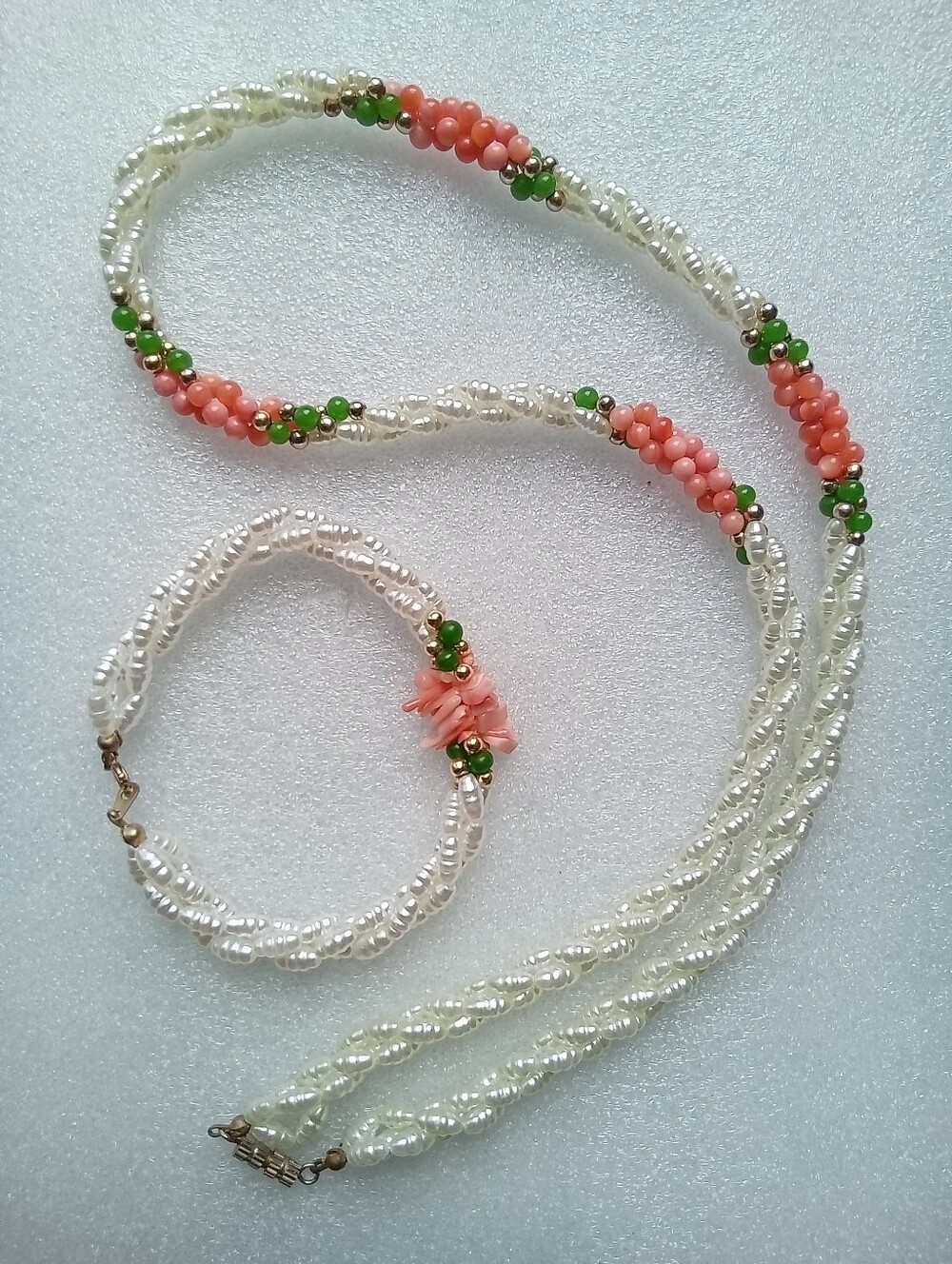 Vintage Twisted Multi-Strand Neclace & Bracelet Set, Mother Of Pearl Rise Beads